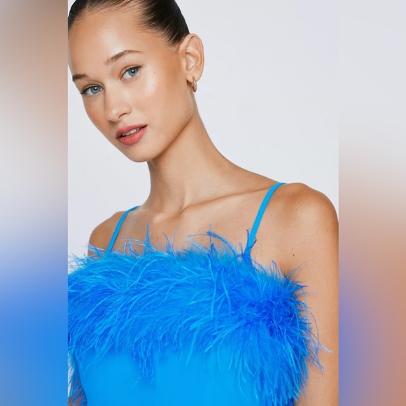 NEW Plus Nasty Gal Petite Strappy Feather Trim Romper Women's 6 Blue - Picture 3 of 4